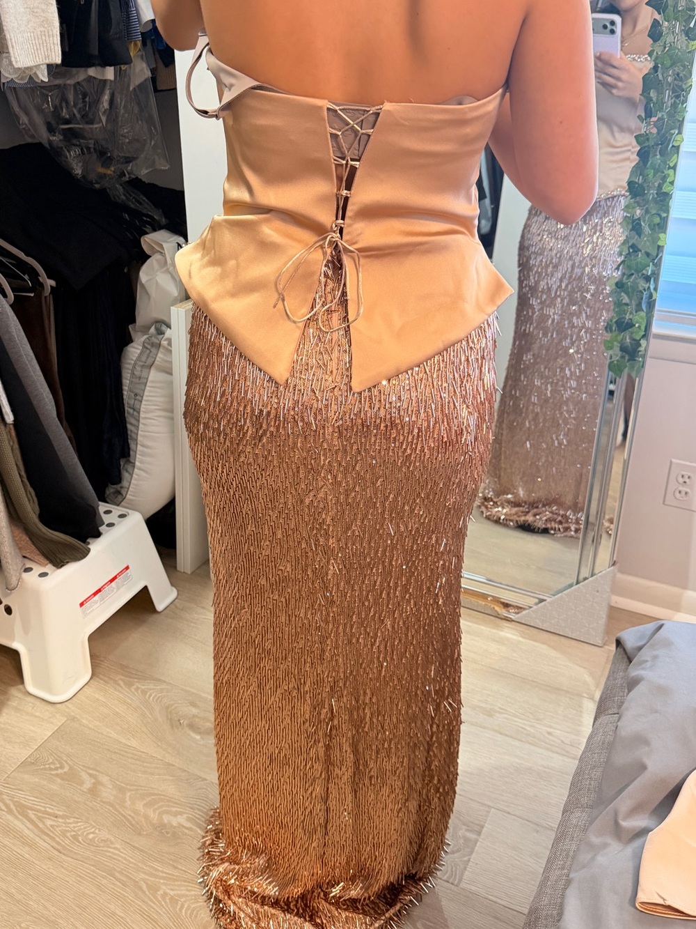Elegant Rose Gold Sequin Maxi Skirt - Strapless Evening Set - Picture 3 of 6